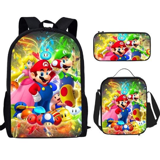 New Super Mario Trend Backpack Retro Mario Schoolbag 3-Piece Set with Pencil Case