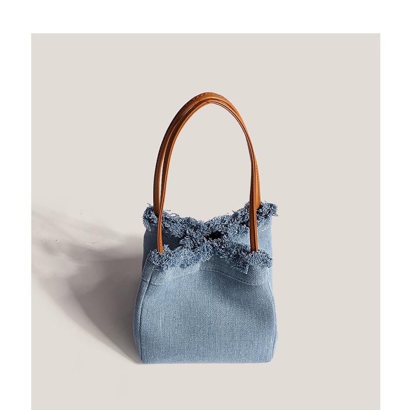 New Trendy Niche Design Denim Splicing Versatile Hand-held Women's Bag Casual Canvas Vegetable Basket Bucket Bag