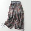 Vintage Floral Print Thin Ramie Pants Women Summer Elastic Waist Ankle Length Trousers Loose Wide Legs Pants