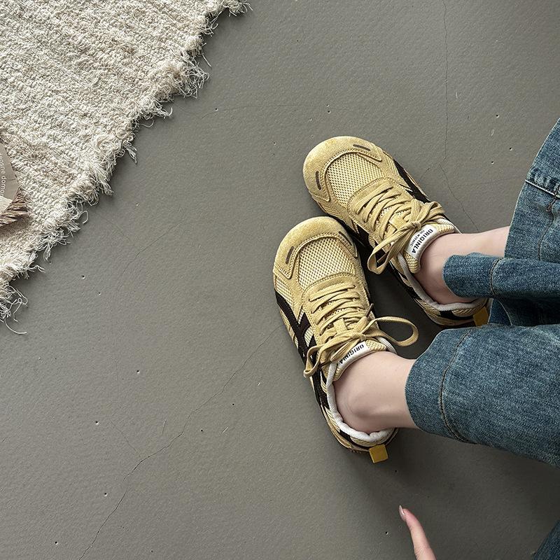 Mode runder Kopf atmungsaktiv dicke Sohle lässige moralische Trainingsschuhe Damen Frühling und Sommer Retro Farbabstimmung Schnürung Mesh leicht Forrest