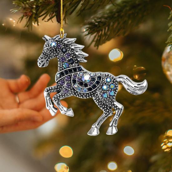 Horse Christmas Ornaments Sparkly Rhinestone Horse Car Rear View Mirror Charm 2D Flat Acrylic Auto Hanging Pendant Horse Lover Gifts for Women Men