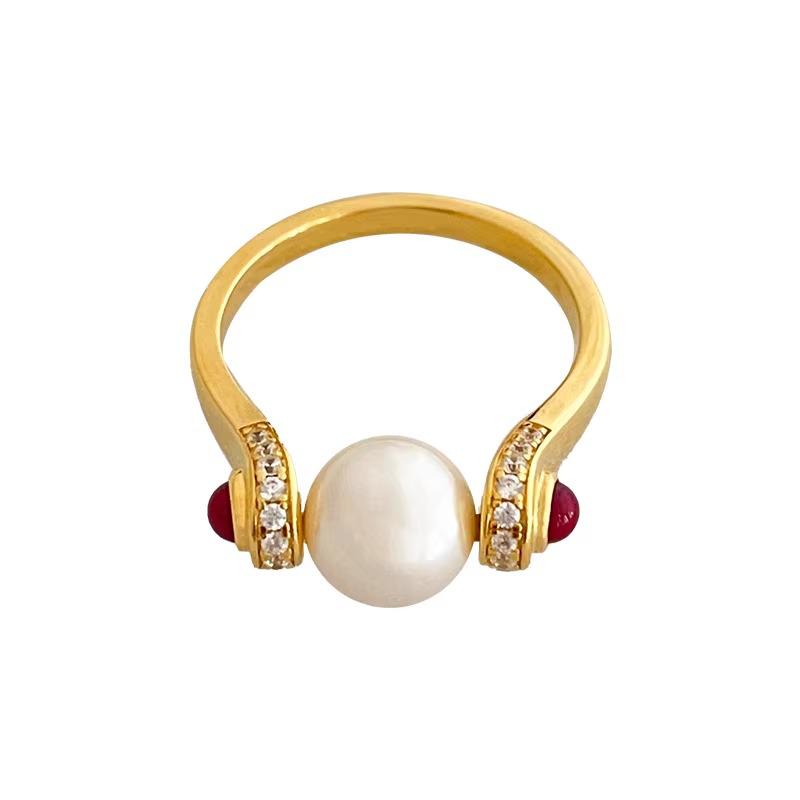 Medieval Diamond-Studded Pearl Earrings and Peace Love Crown Stacking Ring with Advanced Brushed Design