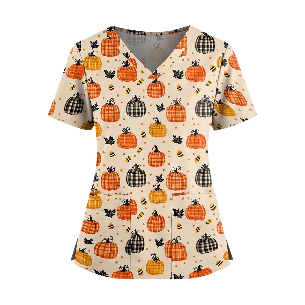Women's V-Neck Short Sleeve Scrub Top with Pockets and Side Slits, Halloween Print