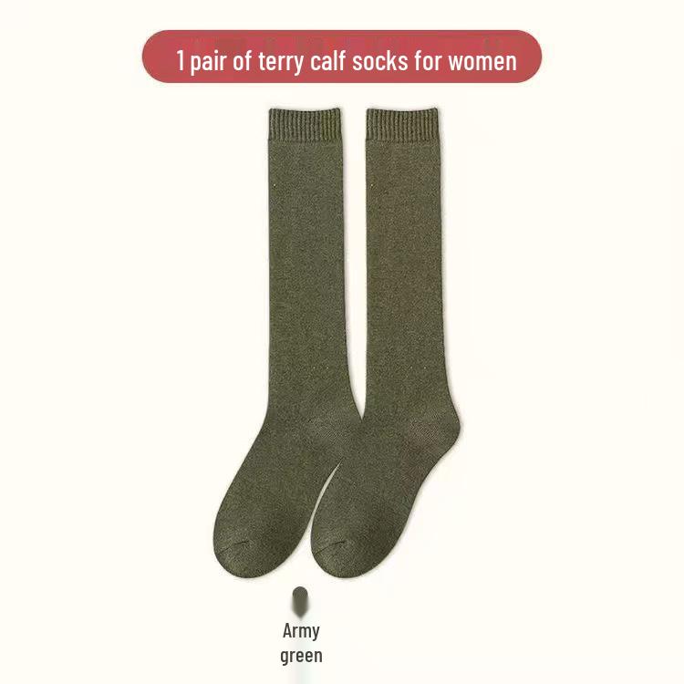 Women's Thick Terry Calf Socks - Warm Solid Color Towel Socks for Autumn and Winter