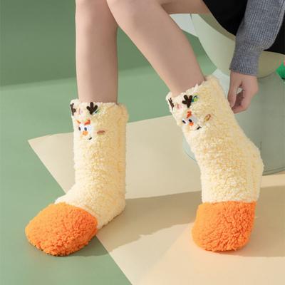 1 Pair Women Plush Fleece Socks Ultra Warm 3D Cartoon Embroidered Socks Elastic Fit Soft Thick Cozy Thermal Socks