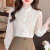 Autumn Fashion New 2024 Long Sleeve Stand Collar Apricot Lace Chiffon Blouse Shirt Women Tops Blouses Shirts J472