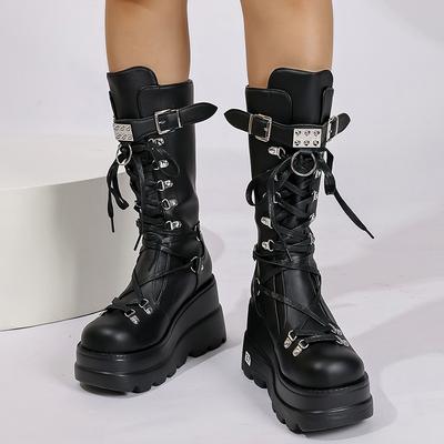 Fashion Punk Style Platform Motorcycle Boots Women Fashion Rivet Buckle Decor Combat Booties Woman Thick Sole Wedge Heel Mid Calf Boots