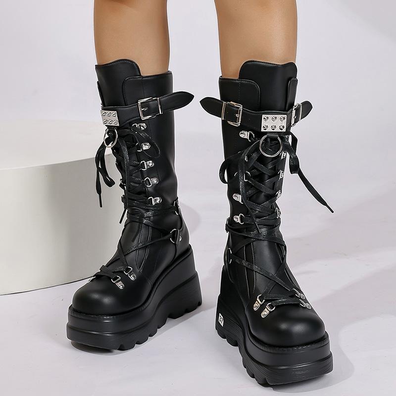 Fashion Punk Style Platform Motorcycle Boots Women Fashion Rivet Buckle Decor Combat Booties Woman Thick Sole Wedge Heel Mid Calf Boots