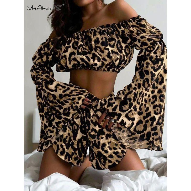 One Shoulder Leopard Print Shorts Set off-Shoulder Leopard Print Print Shorts Suit