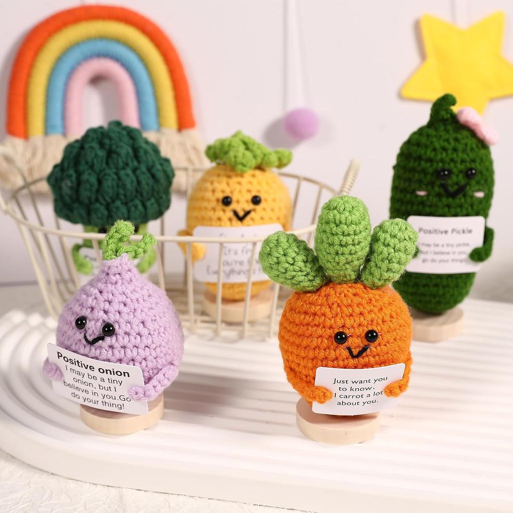 5PCS Emotional Support Crochet Doll with Base, Positive Crochet Vegetables Fruits with Positive Card Handmade Knitted Dolls Plush Cheer Up for