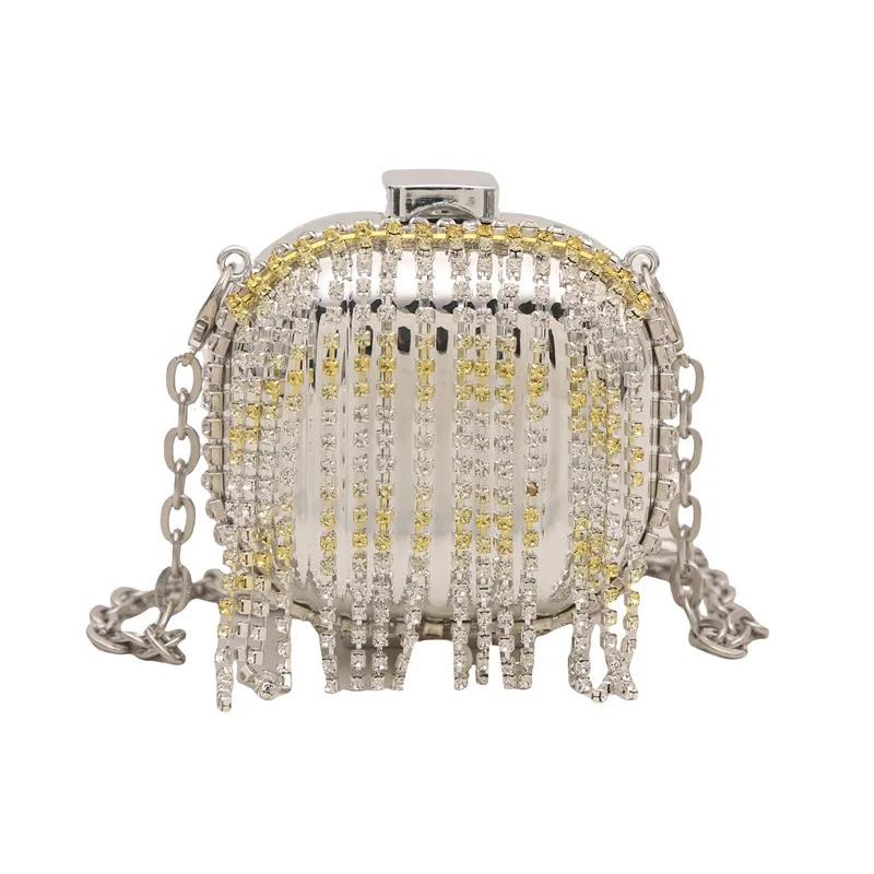 Metal Mini Bag Rhinestone Tassel Shoulder Bags Women's Chain Crossbody Chain Box Bags Gold Evening Bag