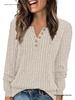 Women's Round Neck Ribbed Patchwork Solid Color Button T-shirt