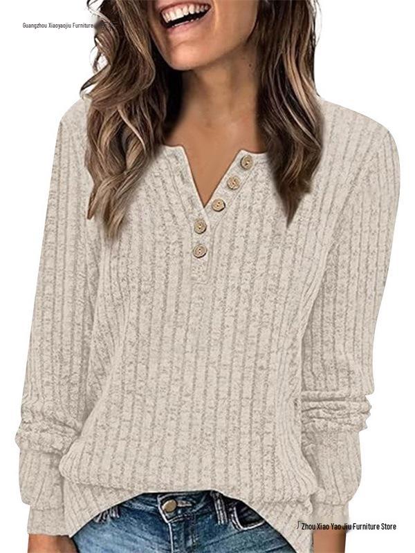 Women's Round Neck Ribbed Patchwork Solid Color Button T-shirt
