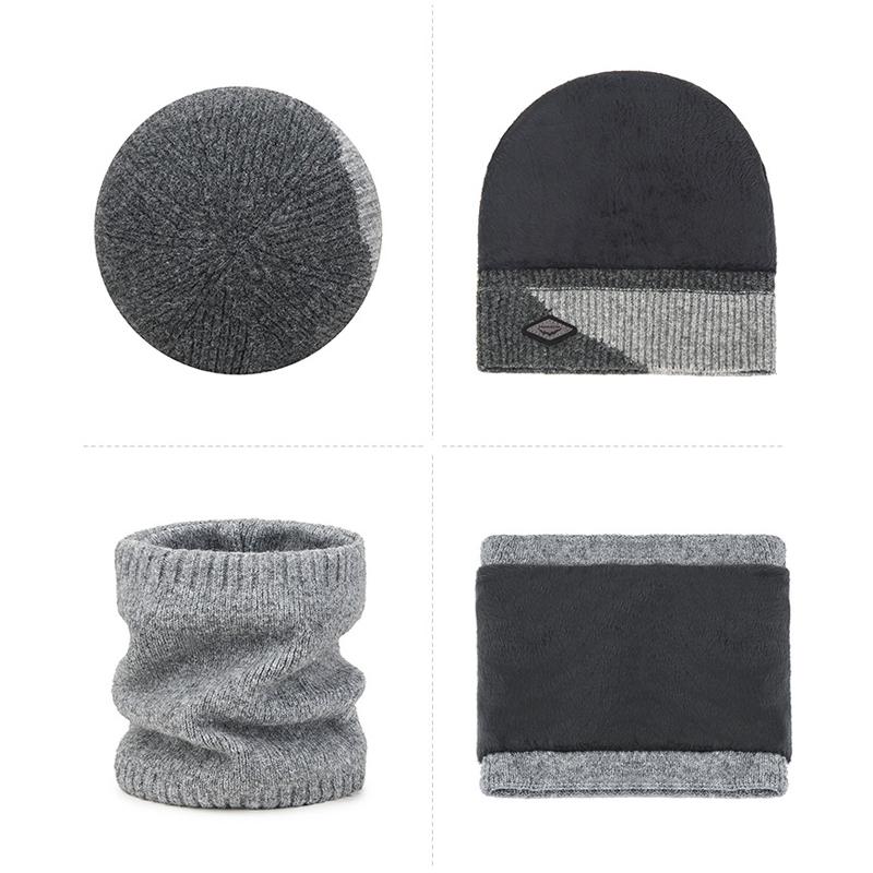 Winter Color Matching Wool Warm Thick Knitted Hat Men's Outdoor Riding Cold-Proof Ear Protection Wool Hat Two-Piece Set