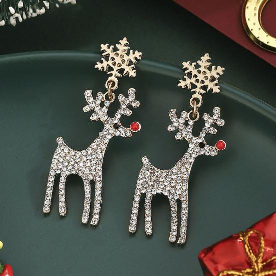 1 Pair Christmas Earrings Deer Snowflake Xmas Tree Design Hook Earrings Sparkling Rhinestones Party Earrings