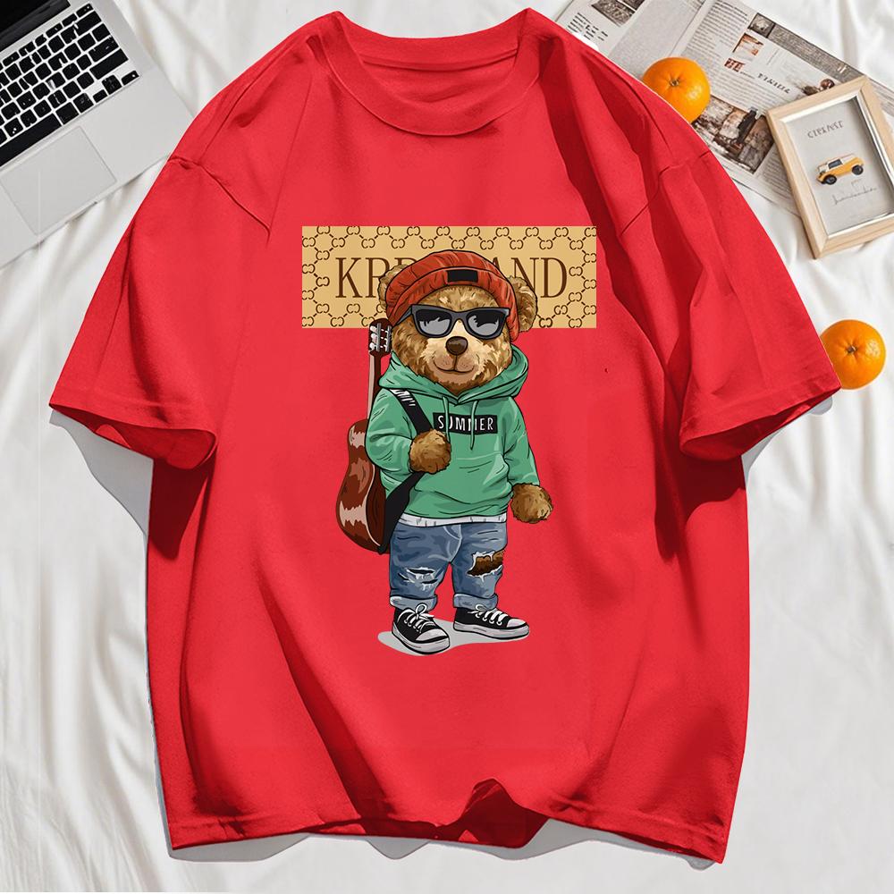 Fashionable Teddy Bear Print Mens T-Shirts Cotton Hip Hop Short Sleeve Oversized Sports Clothes Summer Street T Shirts