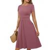 Women's Casual Fashion Round Neck Pleated Short Sleeve Solid Color A-Line Midi Dress