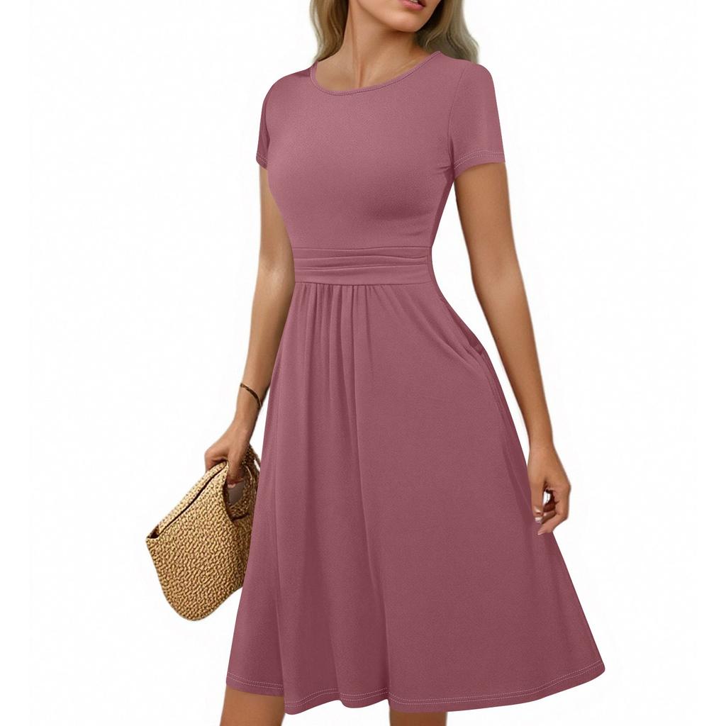 Women's Casual Fashion Round Neck Pleated Short Sleeve Solid Color A-Line Midi Dress