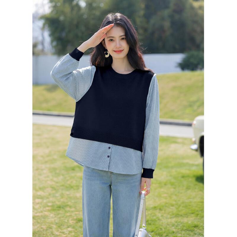 Mokana Women's Faux Two-Piece Spliced Long Sleeve Knit Shirt