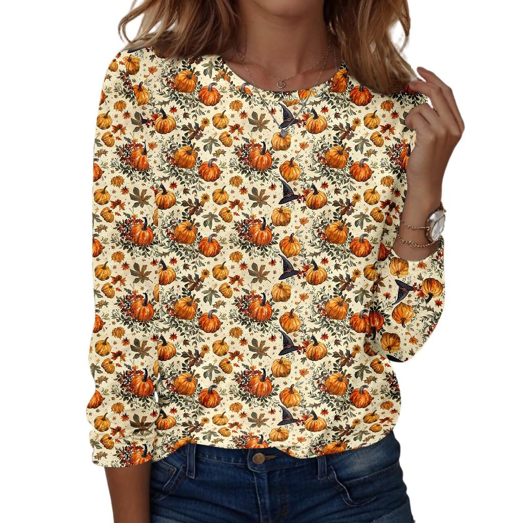 Women's Fashion Casual Long Sleeve Halloween Print Pullover Sweatshirt Crew Neck Top for Fall Seasonal Wear