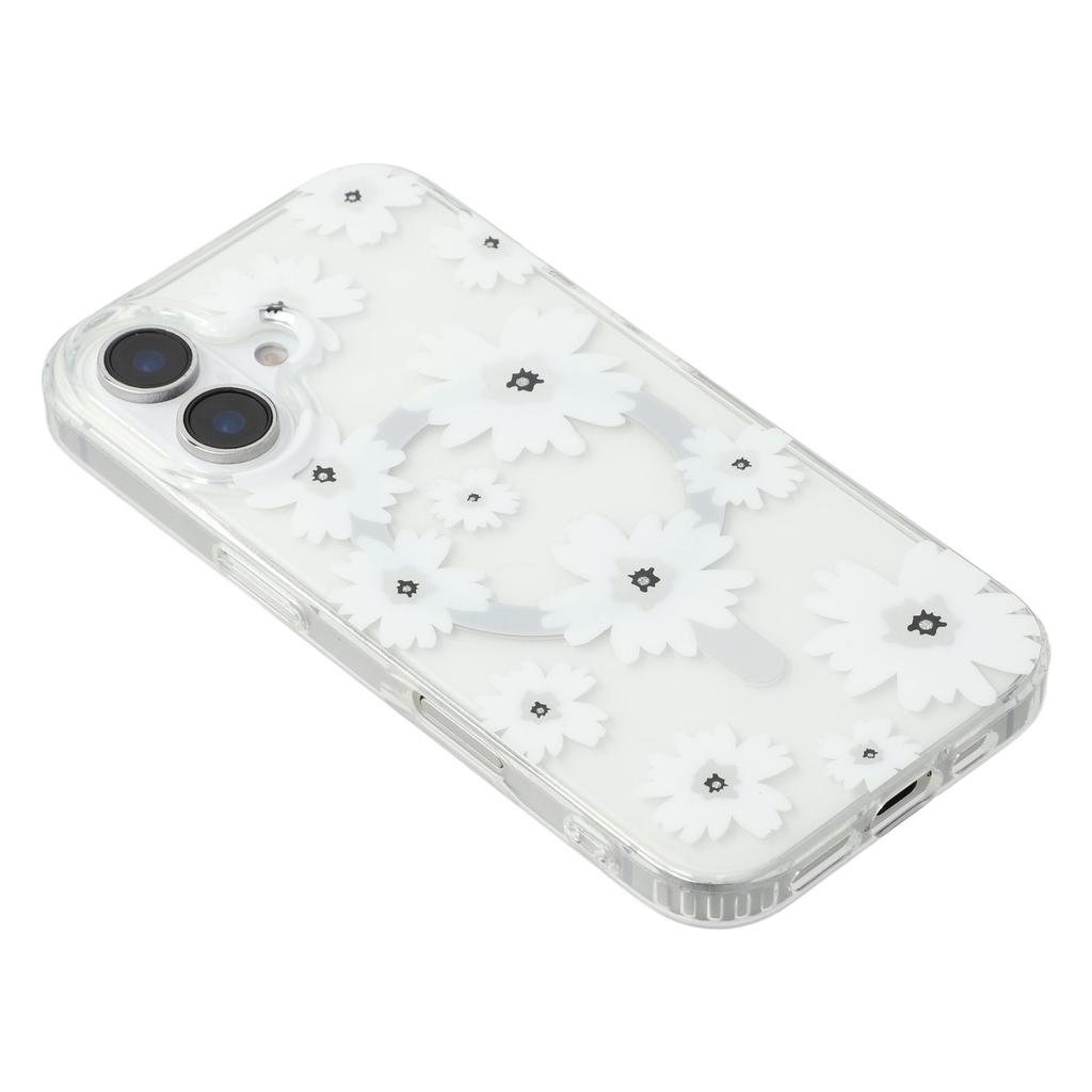 For iPhone 16 Plus Magnetic Case IMD Flower Pattern TPU + PC Clear Back Phone Cover