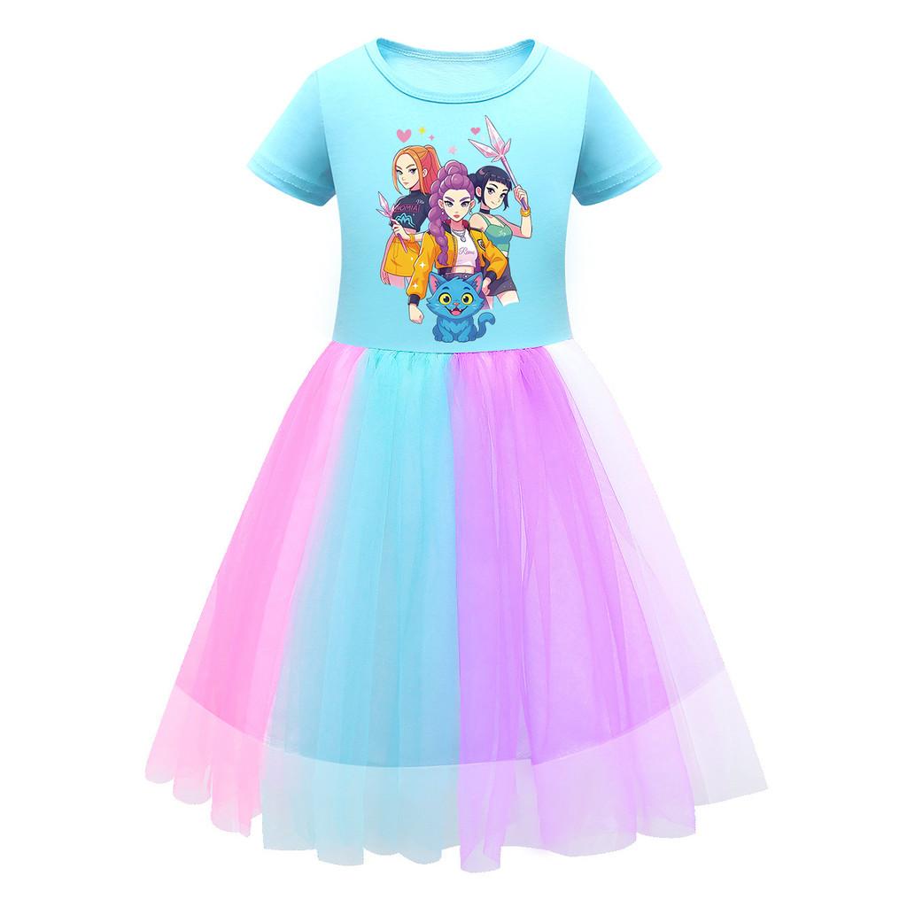 

Kids Girls K-POP Rumi Zoey Mira Print Mesh Rainbow Round Neck Short Sleeves Casual Cotton Dress 150cm