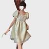 2025 Summer Women's Floral Puff Sleeve Square Neck Dress - Waist-Hugging Princess Style