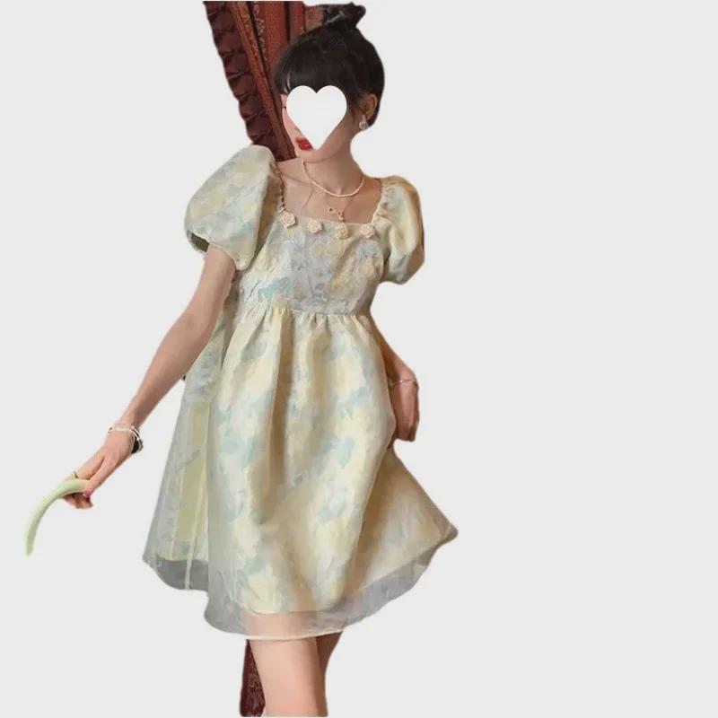 2025 Summer Women's Floral Puff Sleeve Square Neck Dress - Waist-Hugging Princess Style