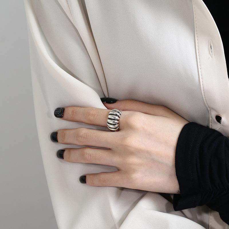 S925 Sterling Silver Retro Thai Blackened Ring - Hip Hop Aged, Exaggerated Style, Open-end for Women In European & American Fashion