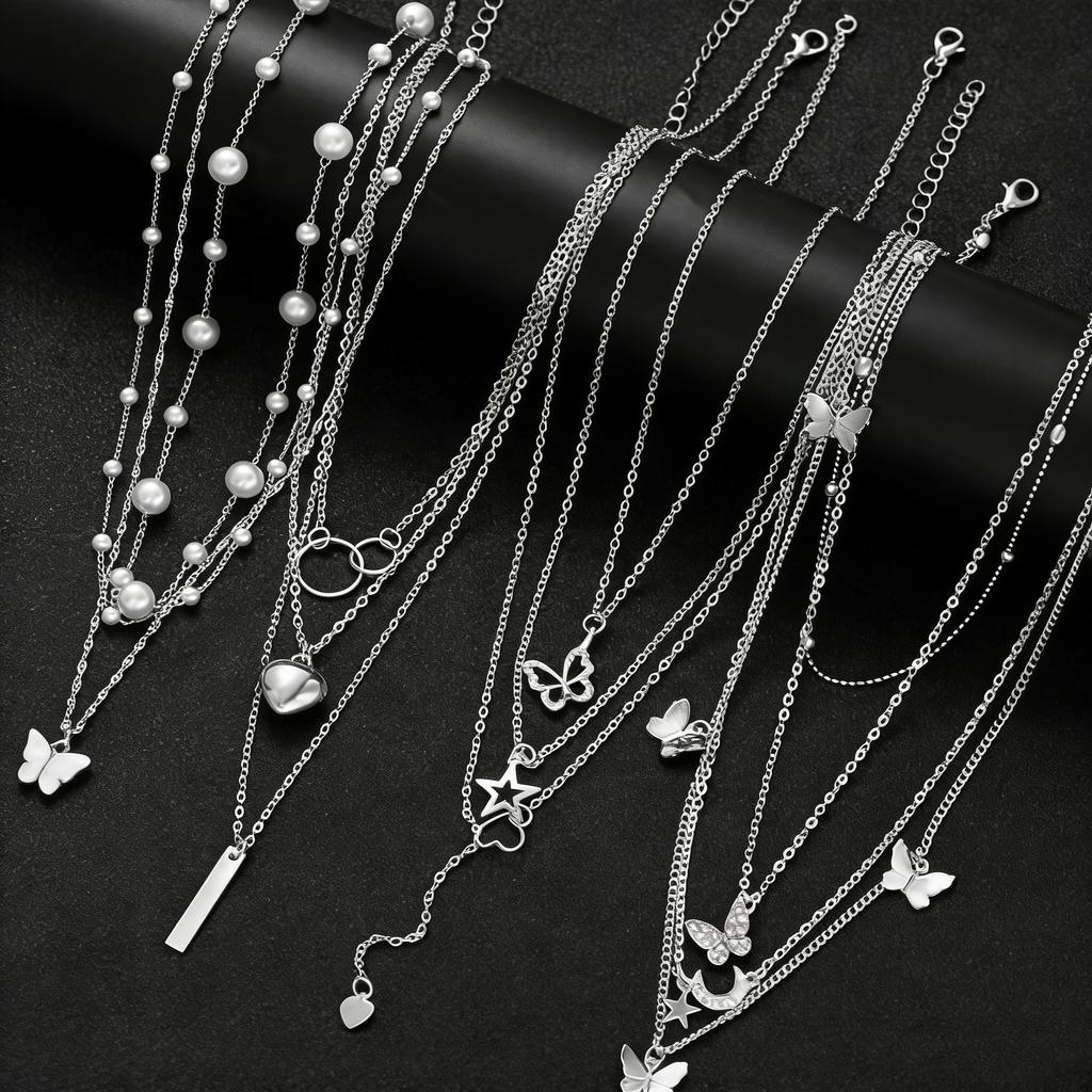 Fashion Elegant Multi-layered Necklace Set for Women Vintage Zircon Pearl Heart Butterfly Star Moon Pendant Necklace Jewelry New