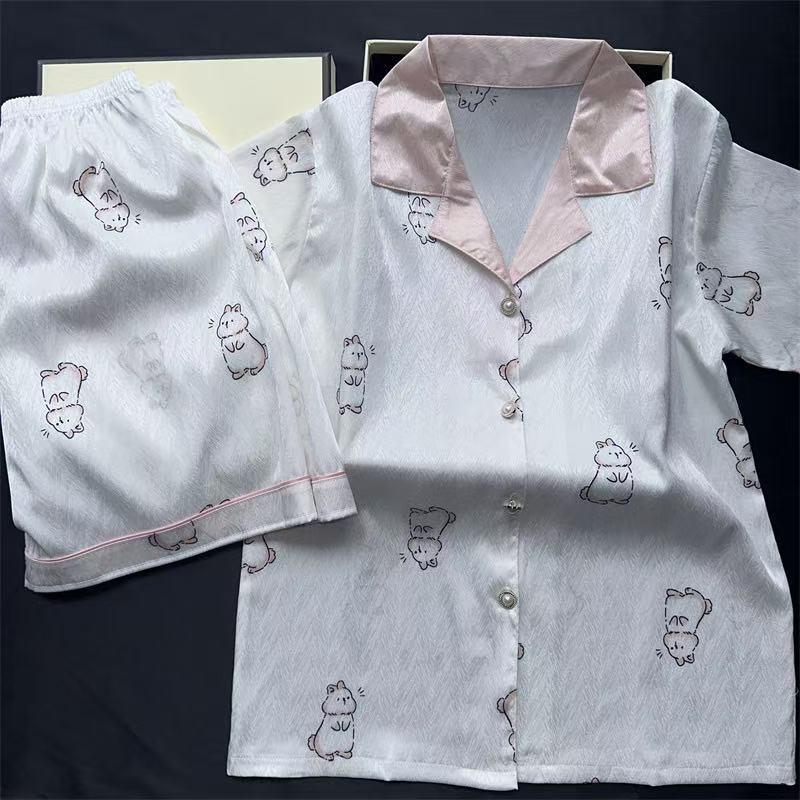Damen 2024 Frühling/Sommer Eis-Seide Karierter Pyjama - Langärmeliges Zweiteiler-Set