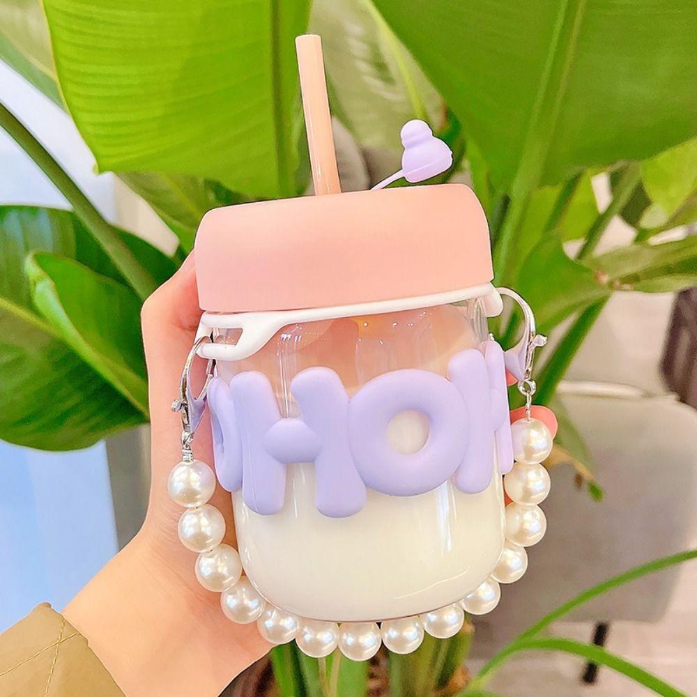 

Cute 350ml Glass Straw Cup with Pearl Bracelet Portable Water Bottle Transparent Drinking Bottle Outdoor фиолетовый