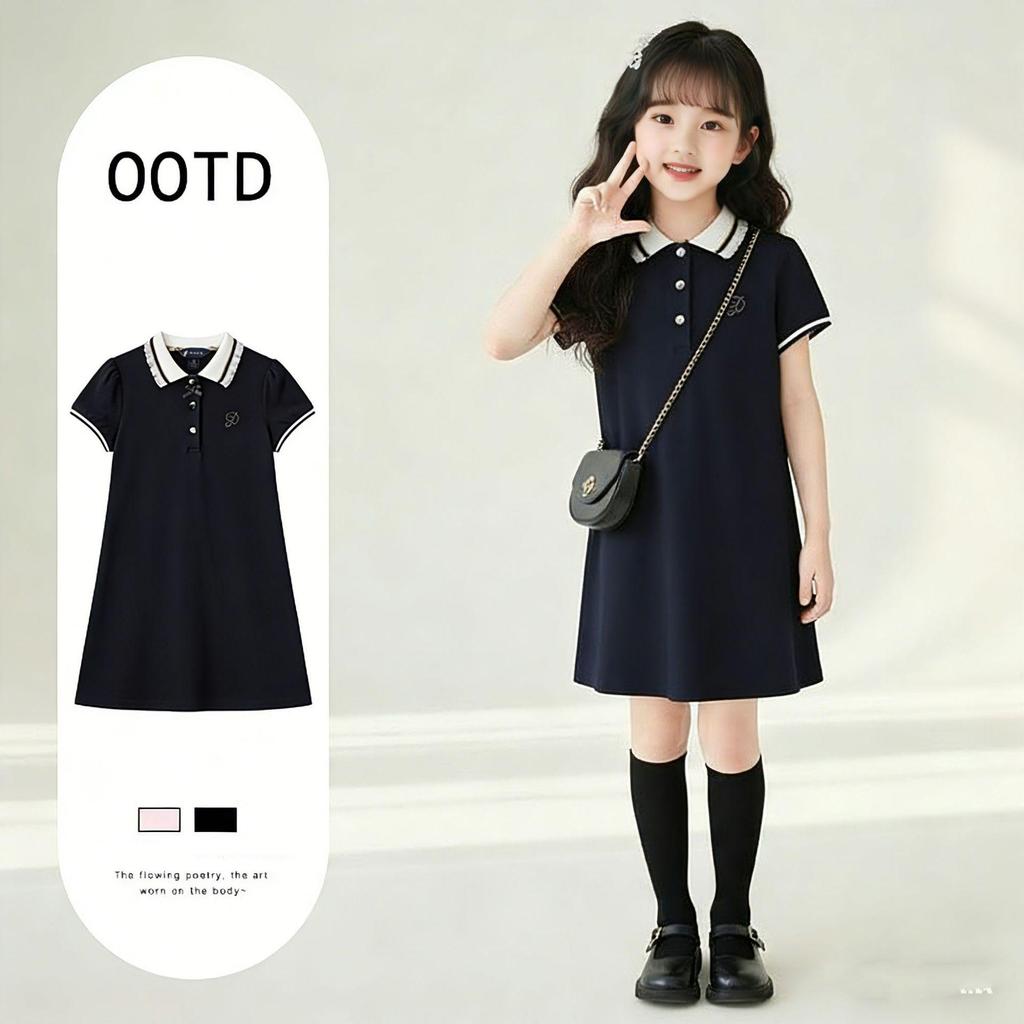 Girls' POLO Collar Summer Dress: Trendy, Elegant Academy Style Princess Dress