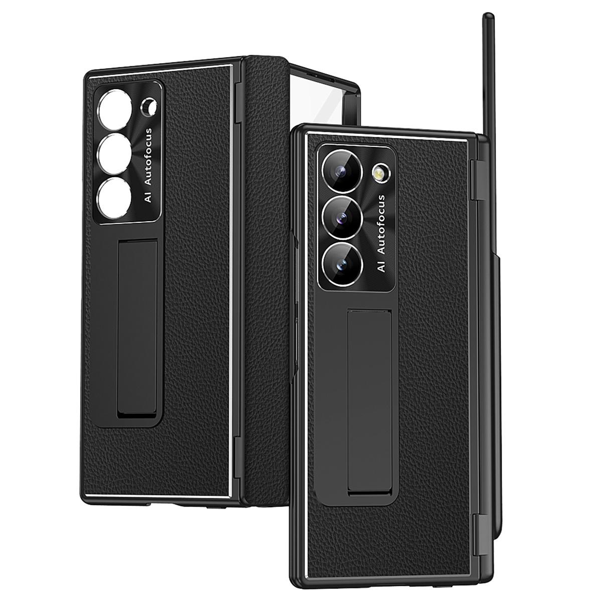 

For Samsung Galaxy Z Fold6 5G Case Hinge Protection PU+PC Phone Cover with Stylus Black