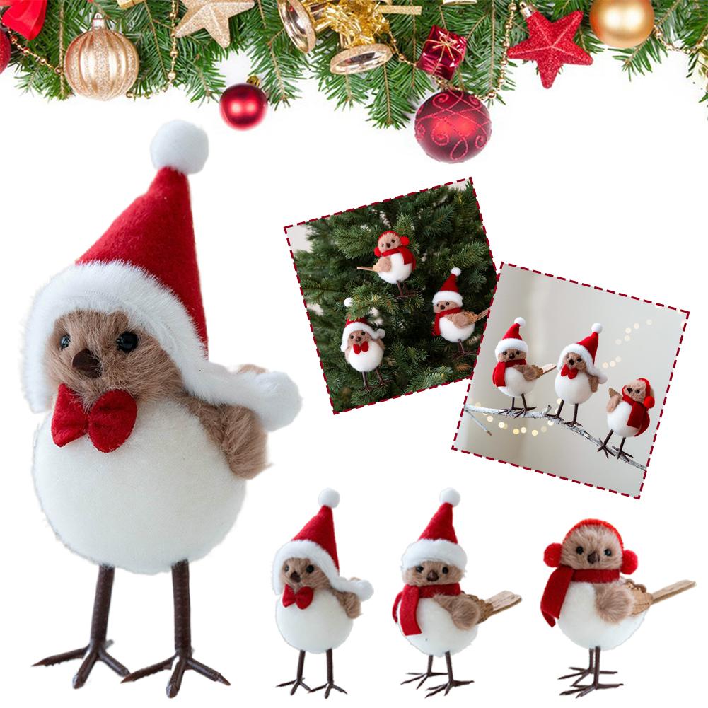 Cute Plush Bird Christmas Tree Hanging Pendant Decorations For Xmas Party 2026 New Year Fake Birds With Hats Gifts Home Dec V5S5