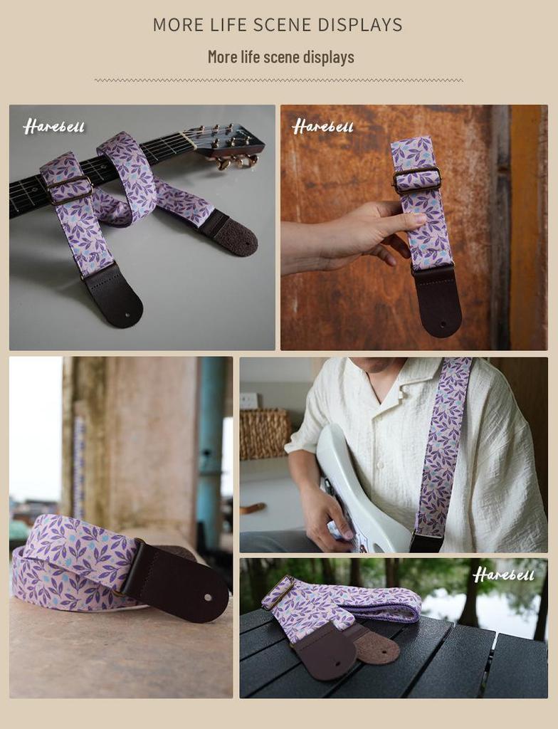 Retro Forest Guitar Strap with Bronze Buckle - Pink/Purple Leaves 031, Pink/White Leaves 032