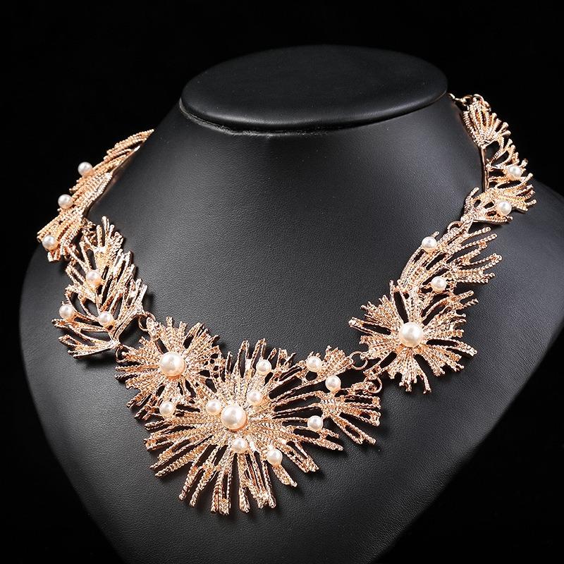 European and American Necklace Set Geometric Retro Exaggerated Alloy Inlaid Imitation Pearl Wedding Accessories Versatile Fashion