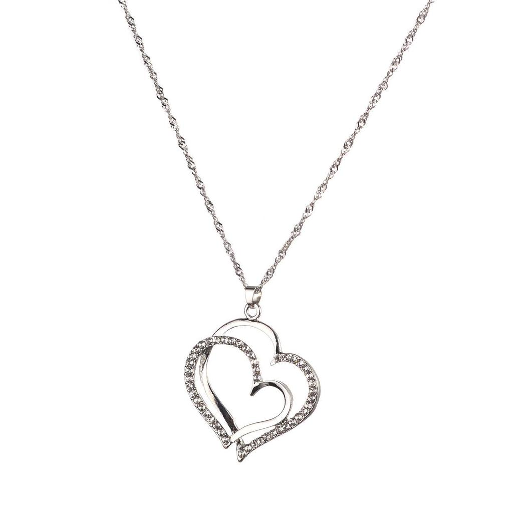 New European and American Style Rhinestone Double Heart Necklace and Earrings Set