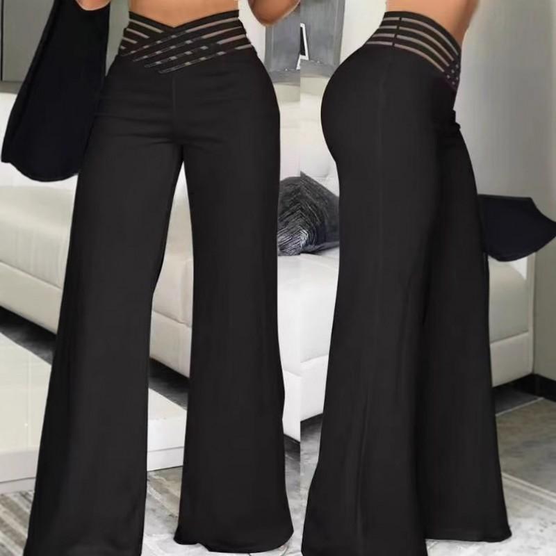Womens High-Waisted Wide-Leg Pants With Cutout Waistband Casual Office Trousers Stretchy Loose Fit