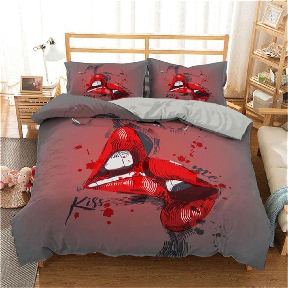 Love Couple Duvet Cover And Pillow Shams Set,Pink, Gray,Sexy Lips,Kissing, Comforter Cover For Women,Girls,bedding Set black,red