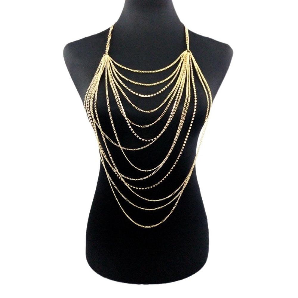 Sexy Übertrieben Goldfarbe Mehrschichtig Quaste Kette Strasssteine Halskette Brustkette für Frauen Körperkette Schmuck Zubehör