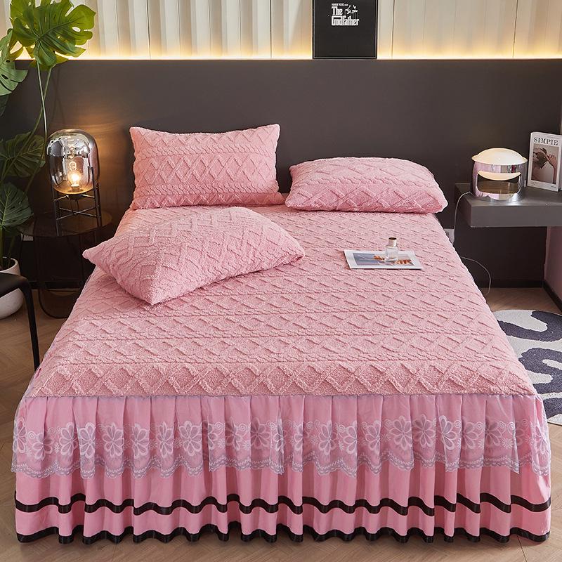 Thickened Taffeta Bed Skirt Set: Korean Style Lace Bedspread & Mattress Cover (3-Piece, Solid Color)