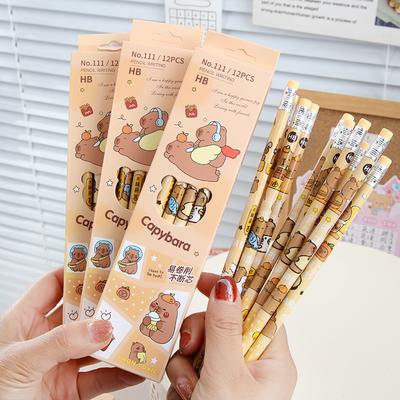 Lot de 12 crayons à papier Capybara mignons avec gomme, fournitures de bureau créatives Kawaii, papeterie pour étudiants, cadeau pour étudiants