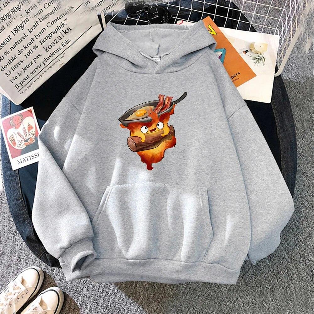 Anime Das wandelnde Schloss Hoodies Fleece Hoodie Cartoon Calcifer Vintage Pullover Sweatshirt für Teenager Winter WoUnisex Tops