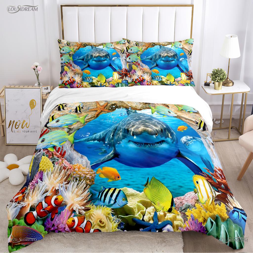 Comforter 3D Ocean World Dolphin Whale Fish Comforter Beding Set Soft And For Single/Double/Queen/King