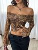 Leopard Print Off-the-Shoulder Mesh Top with Flare Sleeves