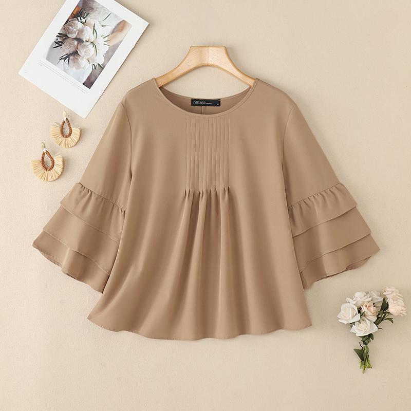 ZANZEA Damska Koreańska Codzienna Okrągły Dekolt Rękaw 3/4 Dzwonowy Plisowana Bluzka Lotos