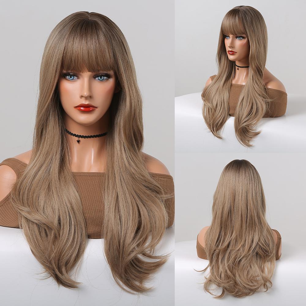 Synthetic Wigs Long Natural Wavy Wig Ombre Brown Golden Highlight Blonde Layered Hair with Side Bangs for Women Heat Resistant