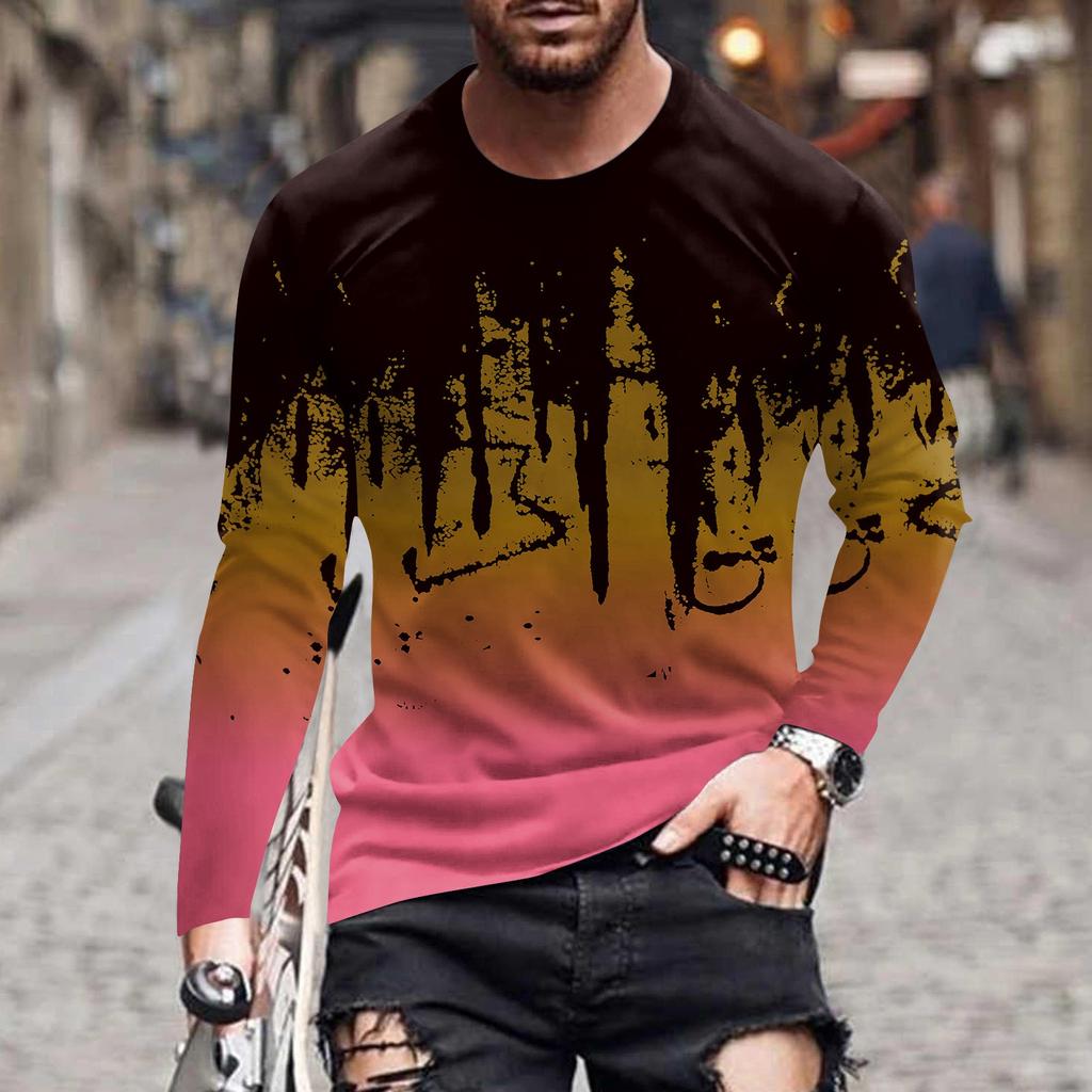 Men's Spring Ink Print Long Sleeve T-Shirt Men's Loose Casual Fashion Long Sleeve T-Shirt