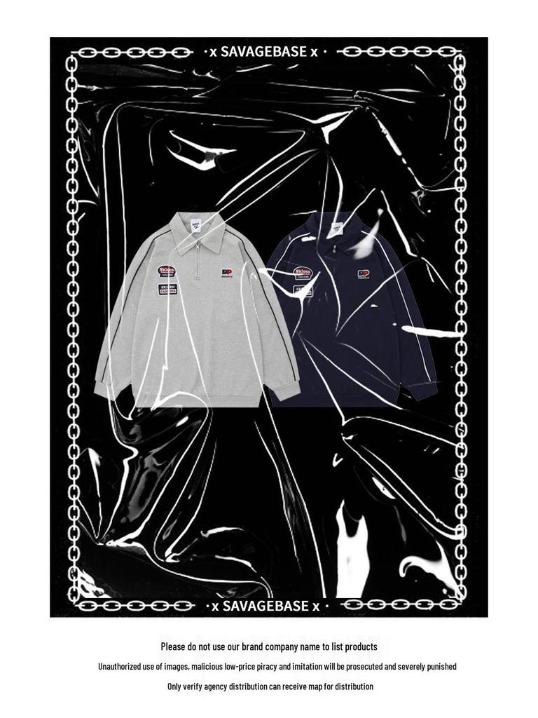 Wild Man Trendy American Letter Embroidery Waffle Knit Sweatshirt, Spring/Autumn Academy Style Half-Zip Polo